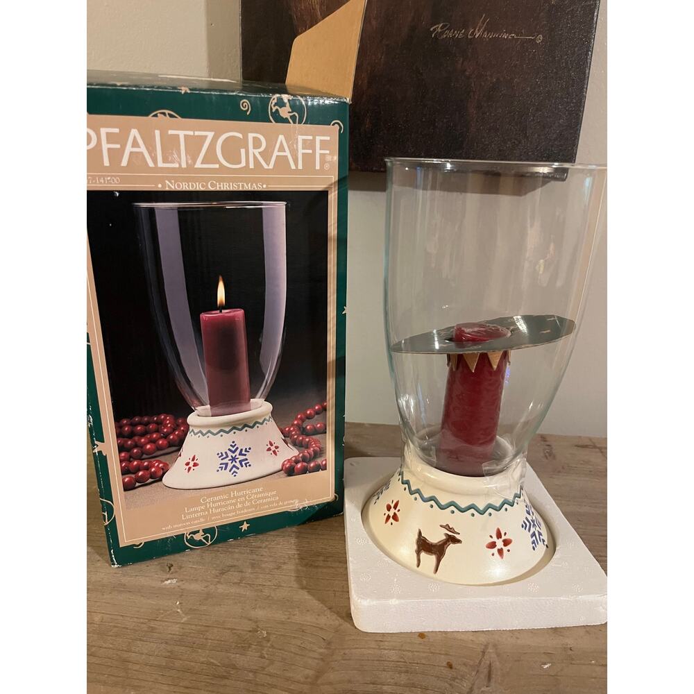 Pfaltzgraff hurricane candle lamp ceramic and glass Christmas theme centerpiece